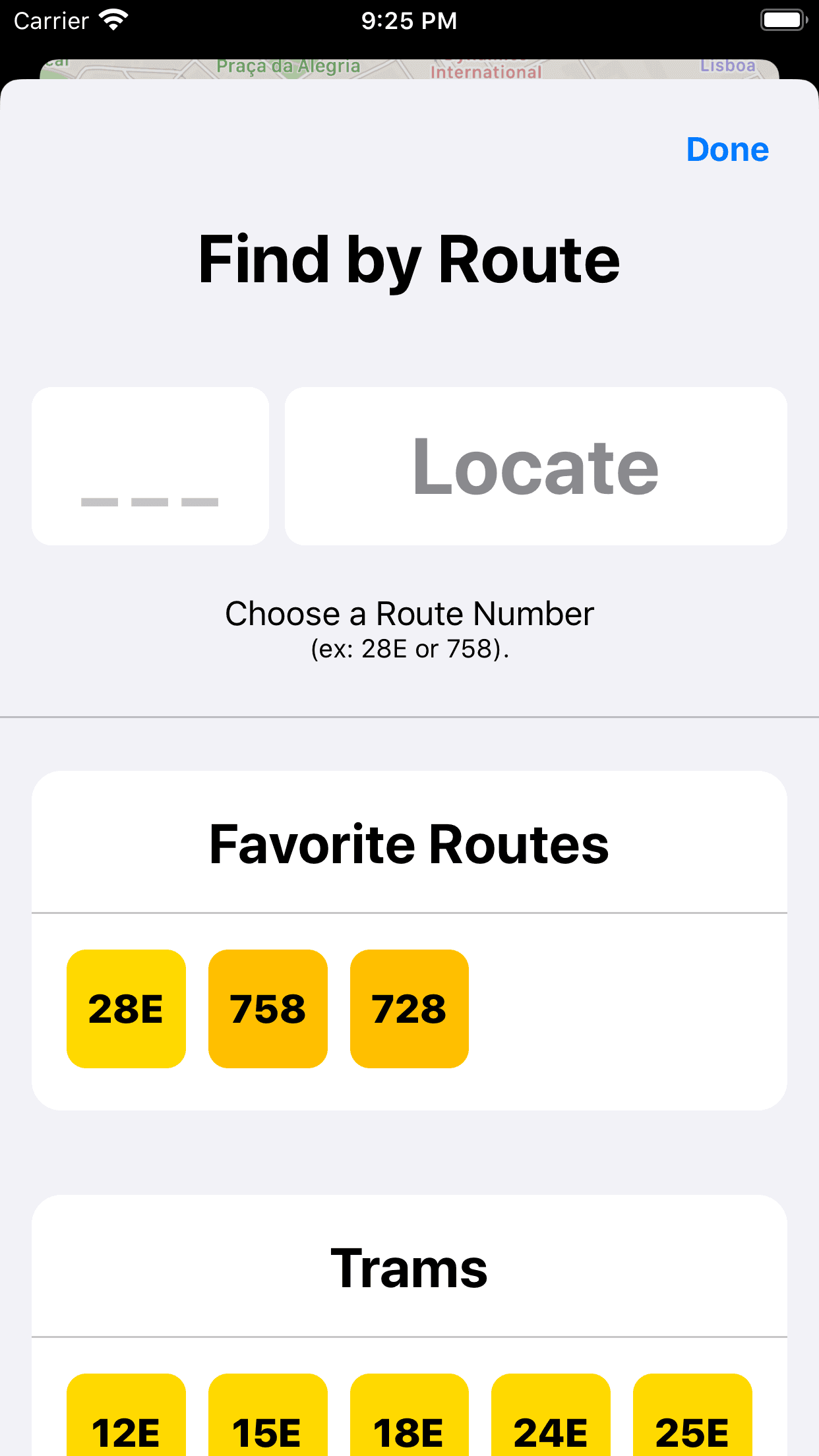 GeoBus App Screenshot showing multiple selectable routes in a sheet.